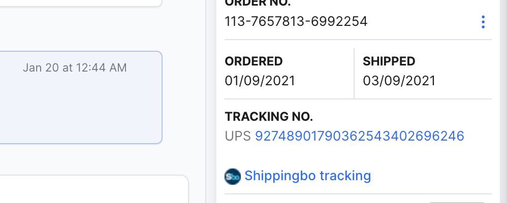 Tracking details from Shippingbo in a ticket in eDesk