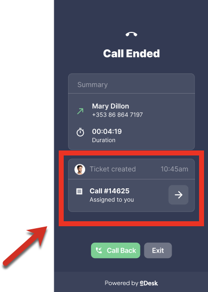 Create ticket option in a current call.