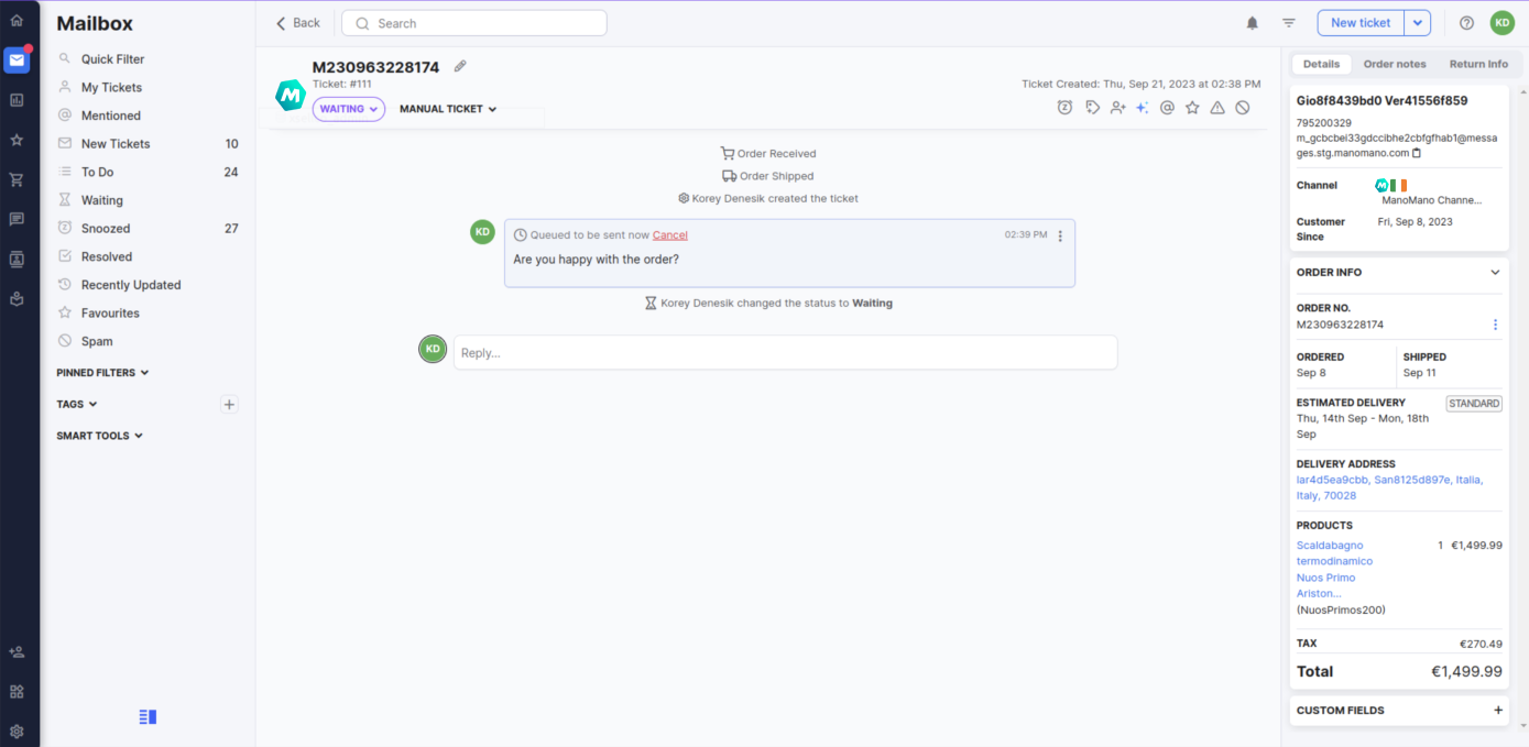 ManoMano order details in a ManoMano ticket in eDesk.