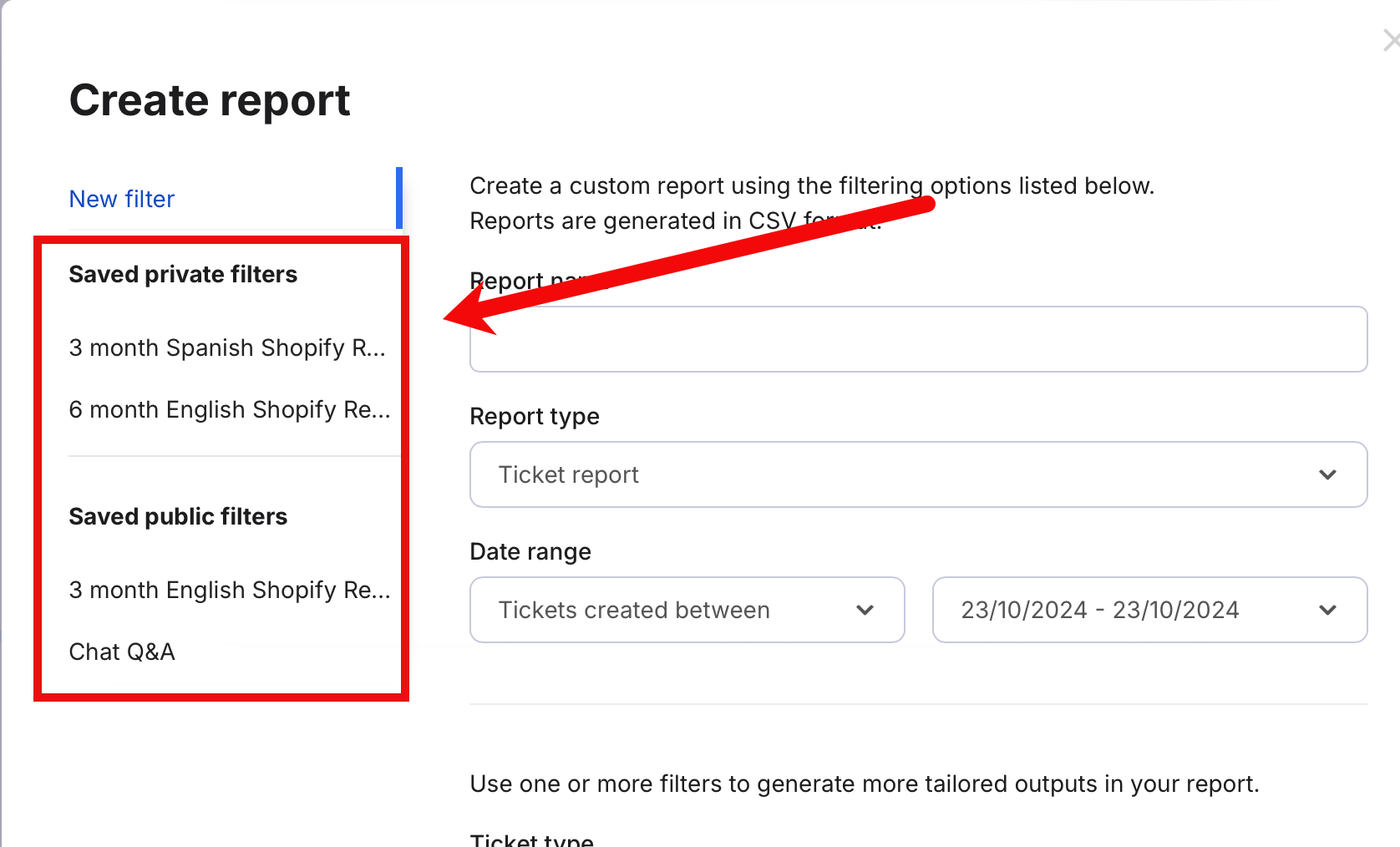 The list of saved filters.