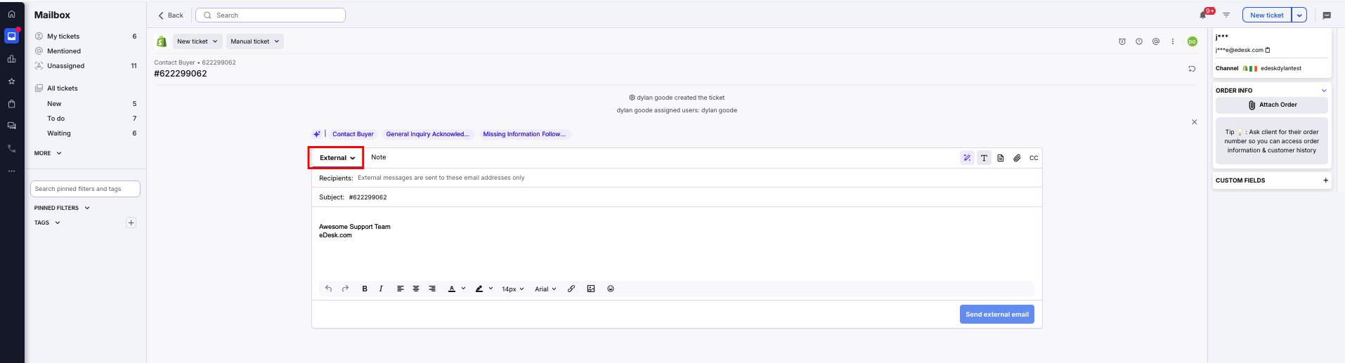 Sending an external email from a ticket