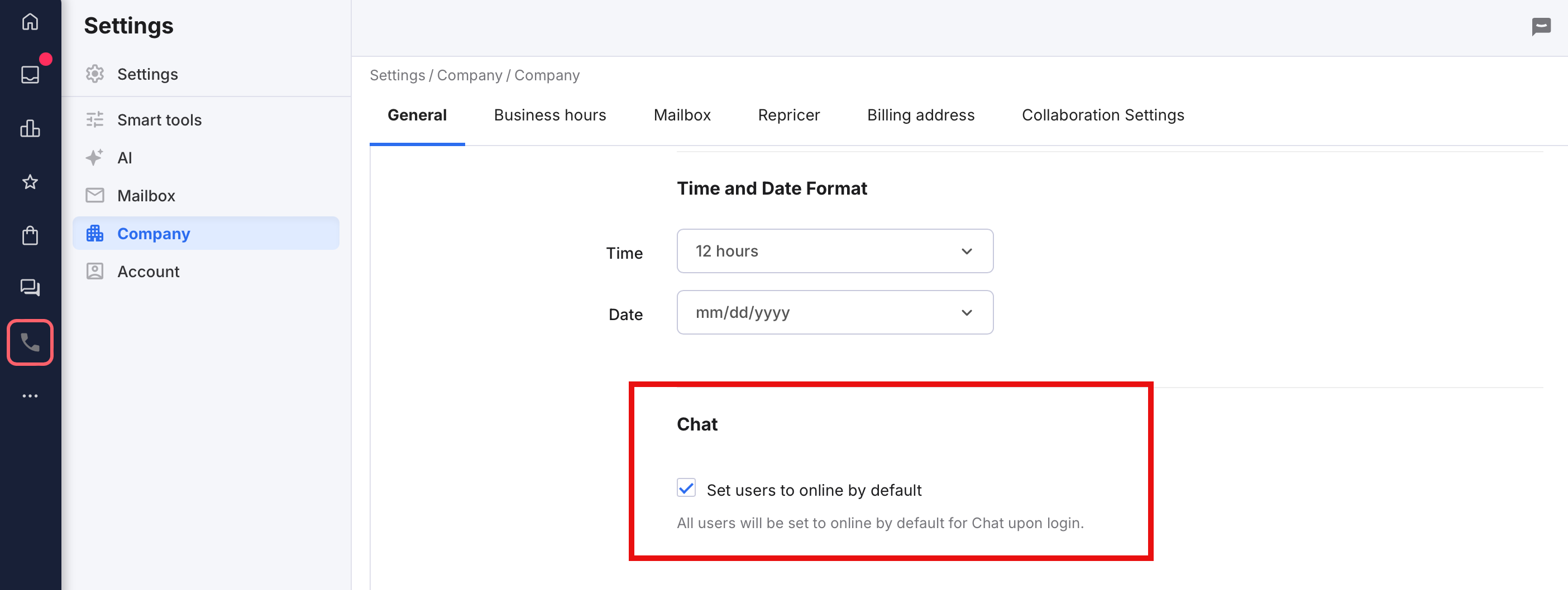Set users to online by default checkbox.