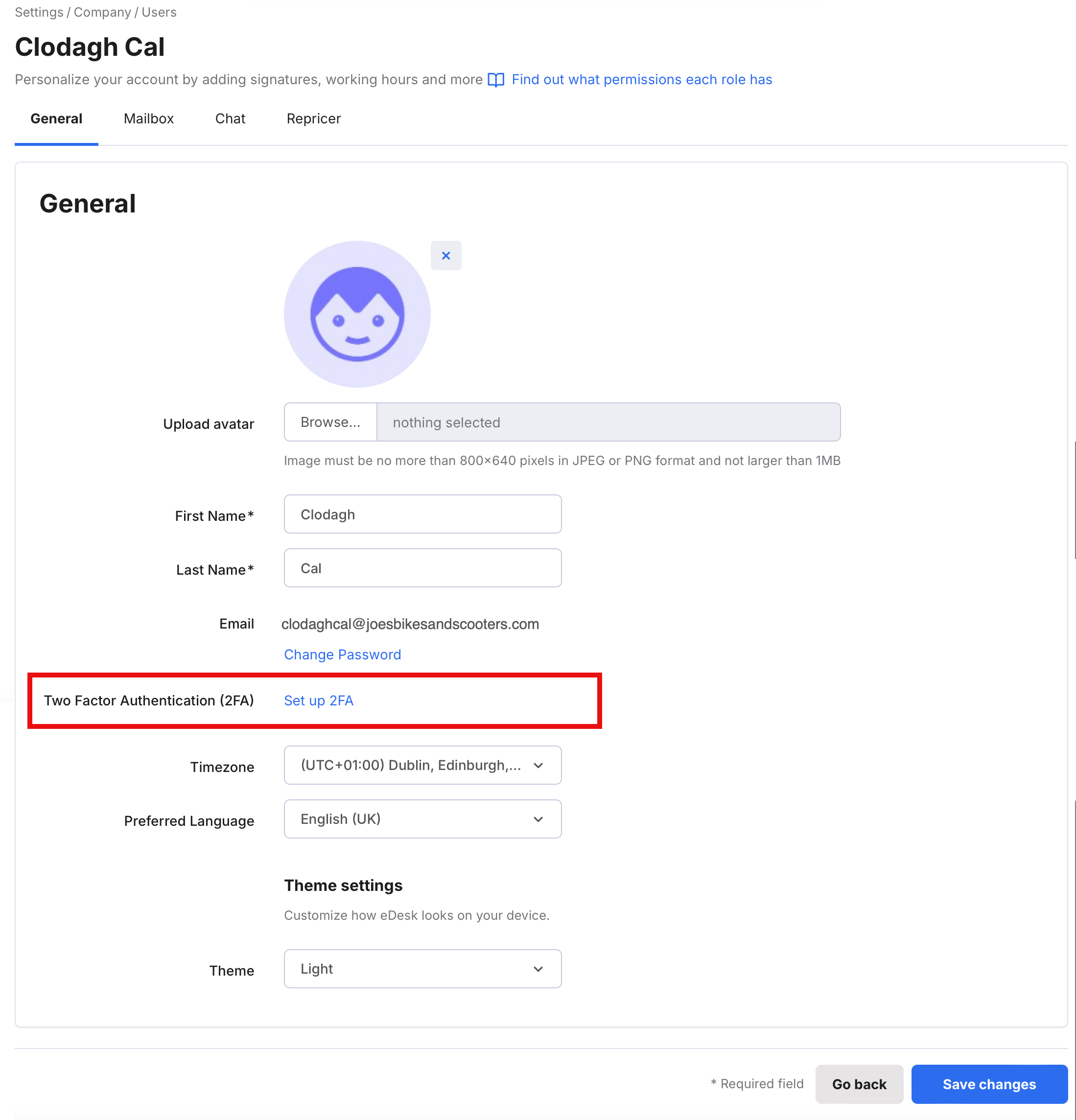 The 2FA section in the General tab.