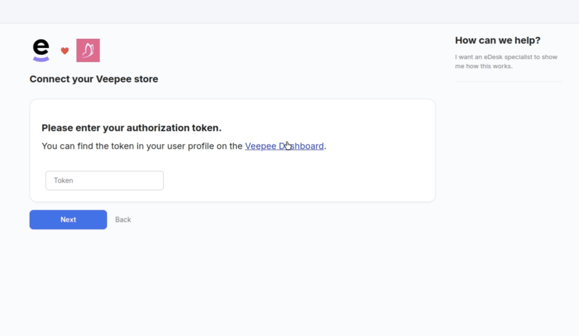 Enter your authorization token in eDesk