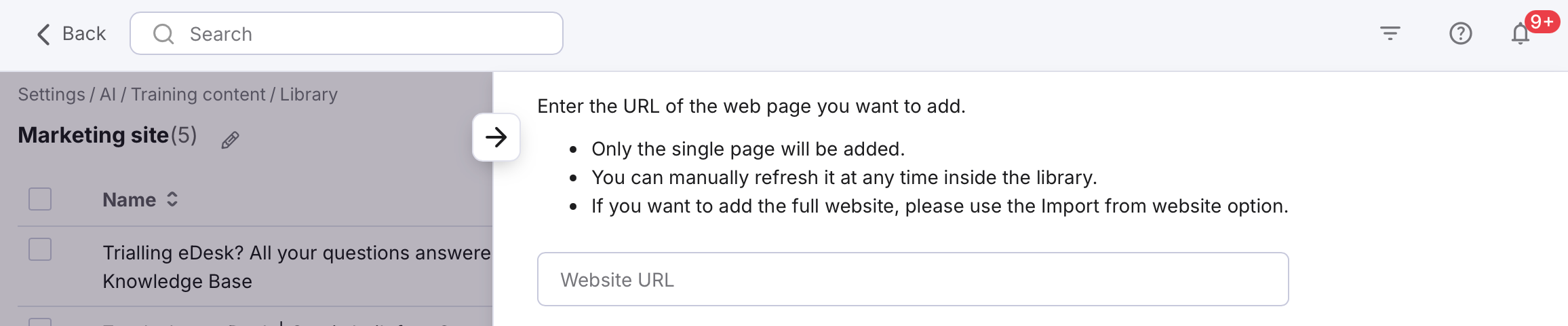 The fields for importing a single page into Training Content.
