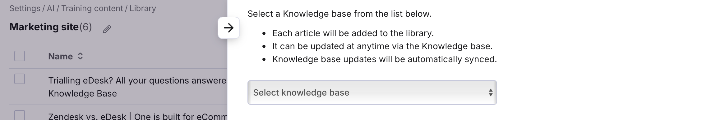 Choose a knowledge base library from the list.