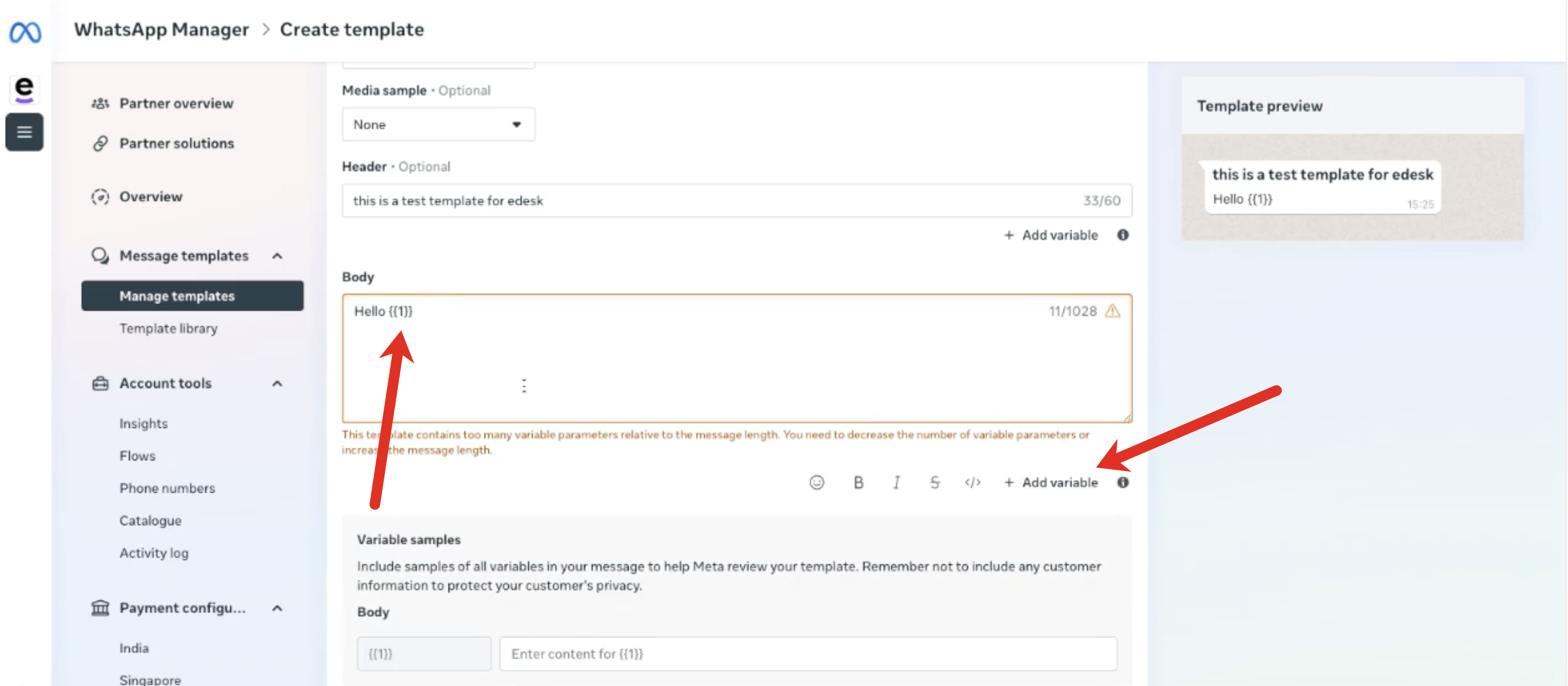 WhatsApp Manager > Create template > Add variable