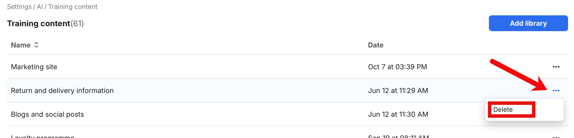 Showing the Delete item in the More Actions menu.