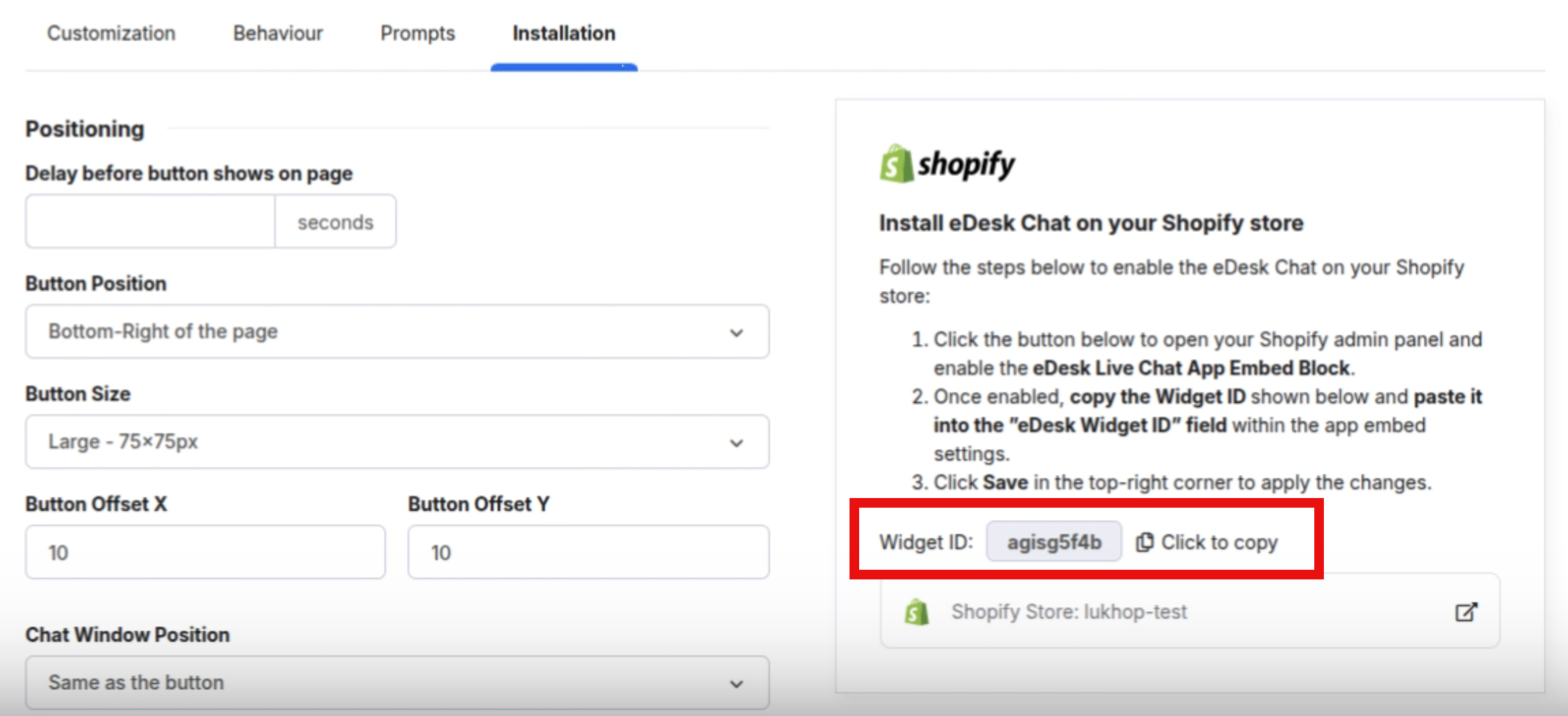 Widget ID field and Click to copy link.