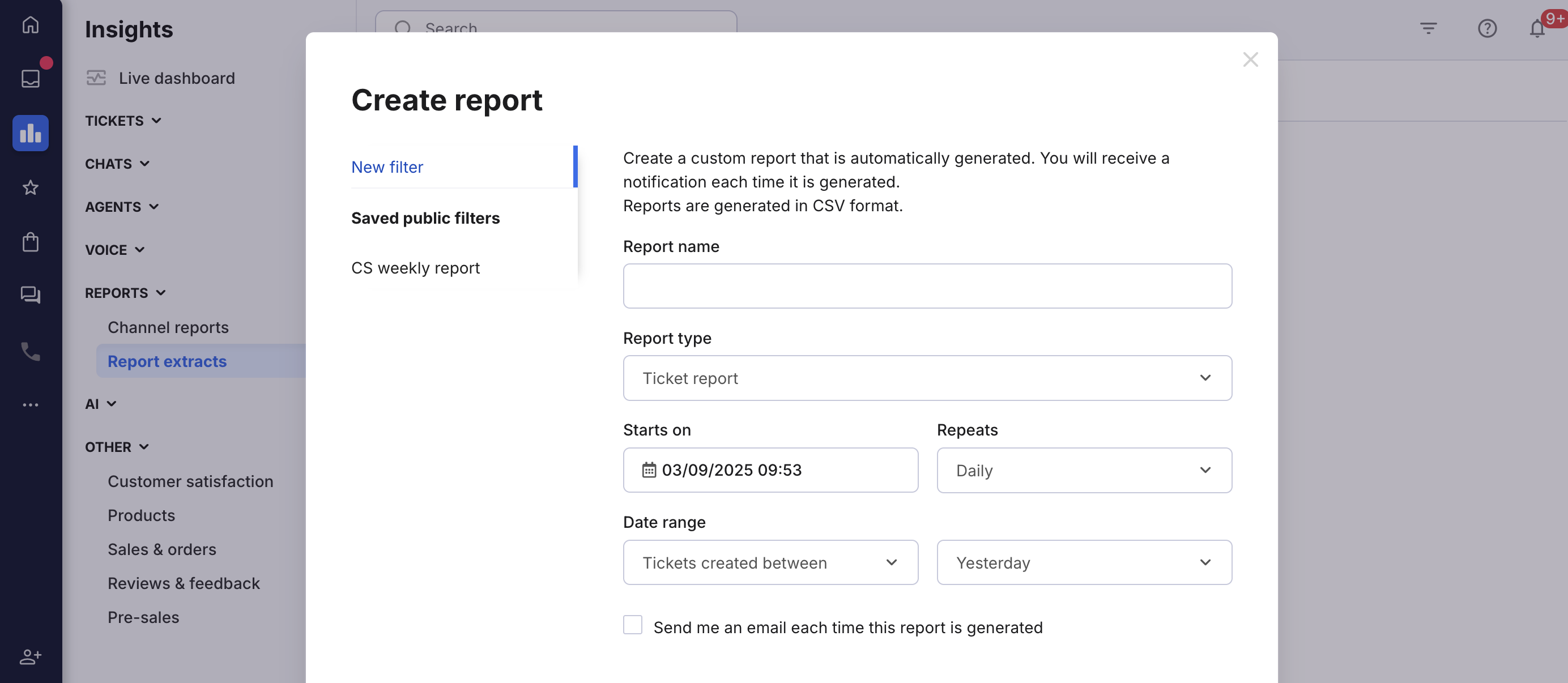 The Create report modal window.