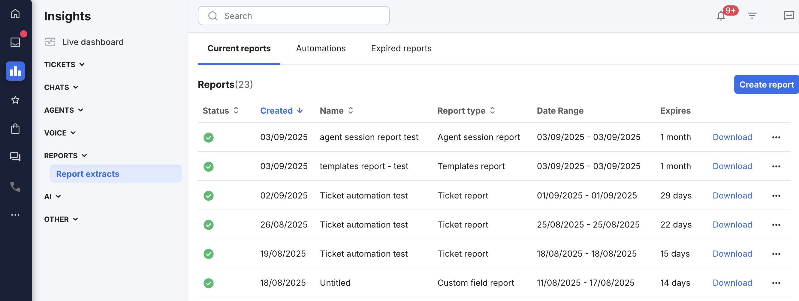 The Current Reports tab in the Report Extracts page.