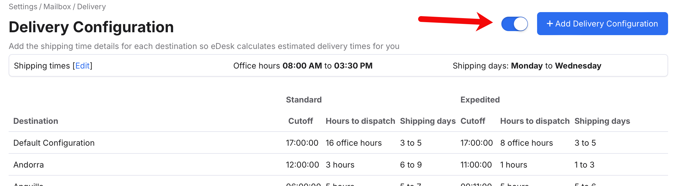 Disable Delivery Configurations slider
