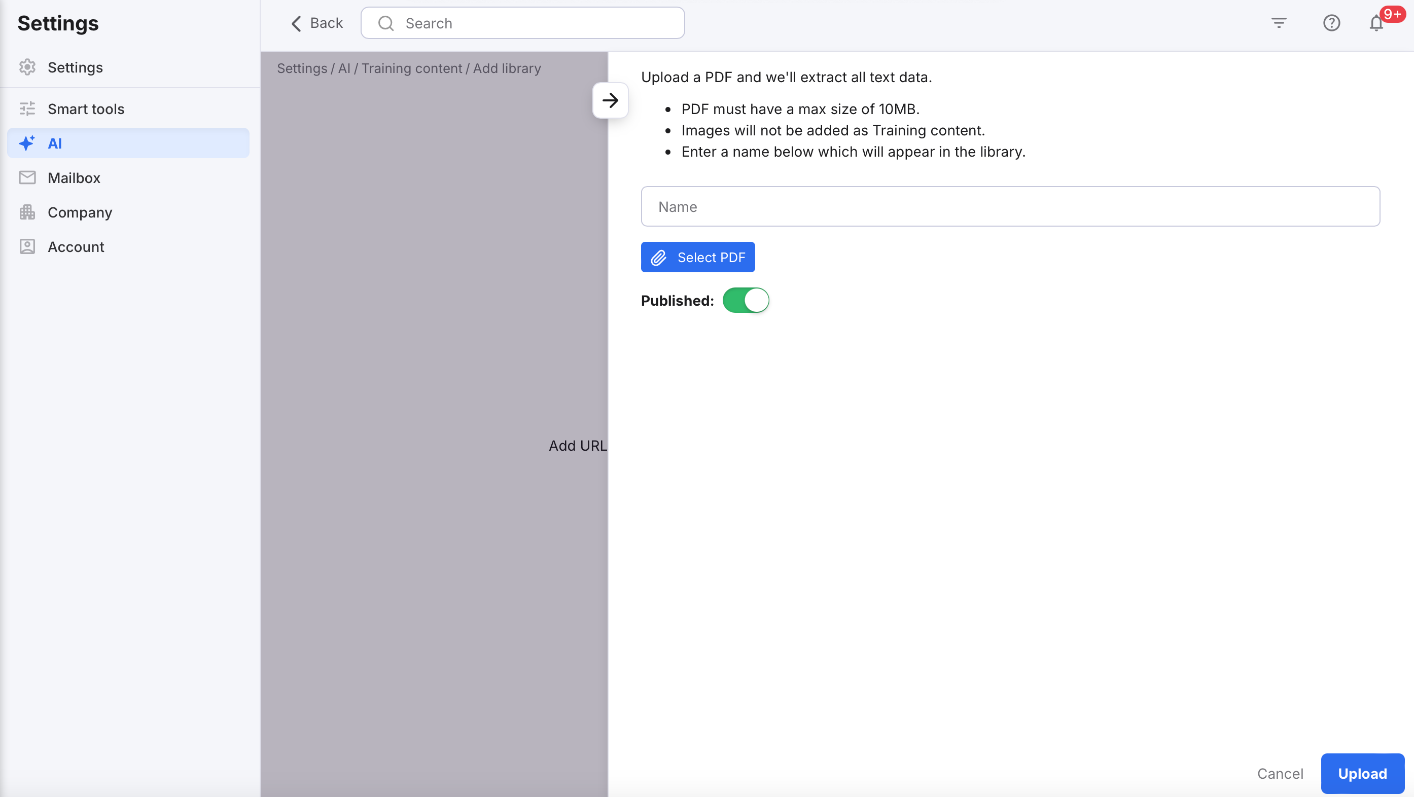 PDF Upload panel