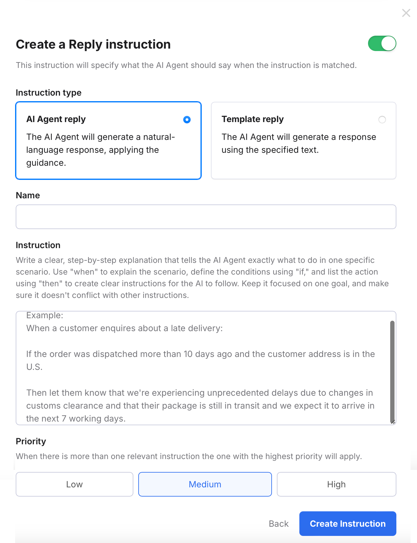 The Create a Reply Instruction window