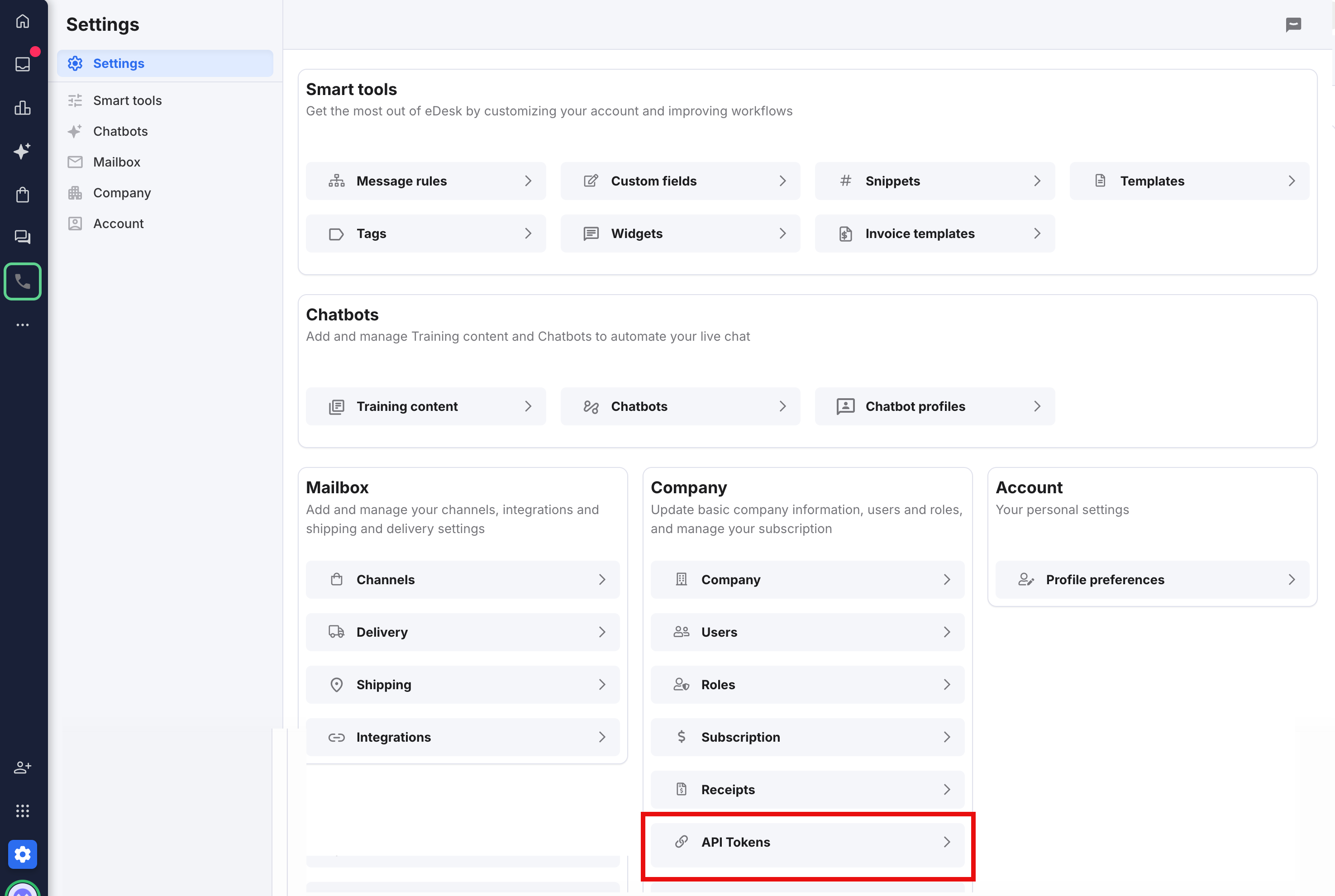 Select API Tokens on the Settings page.