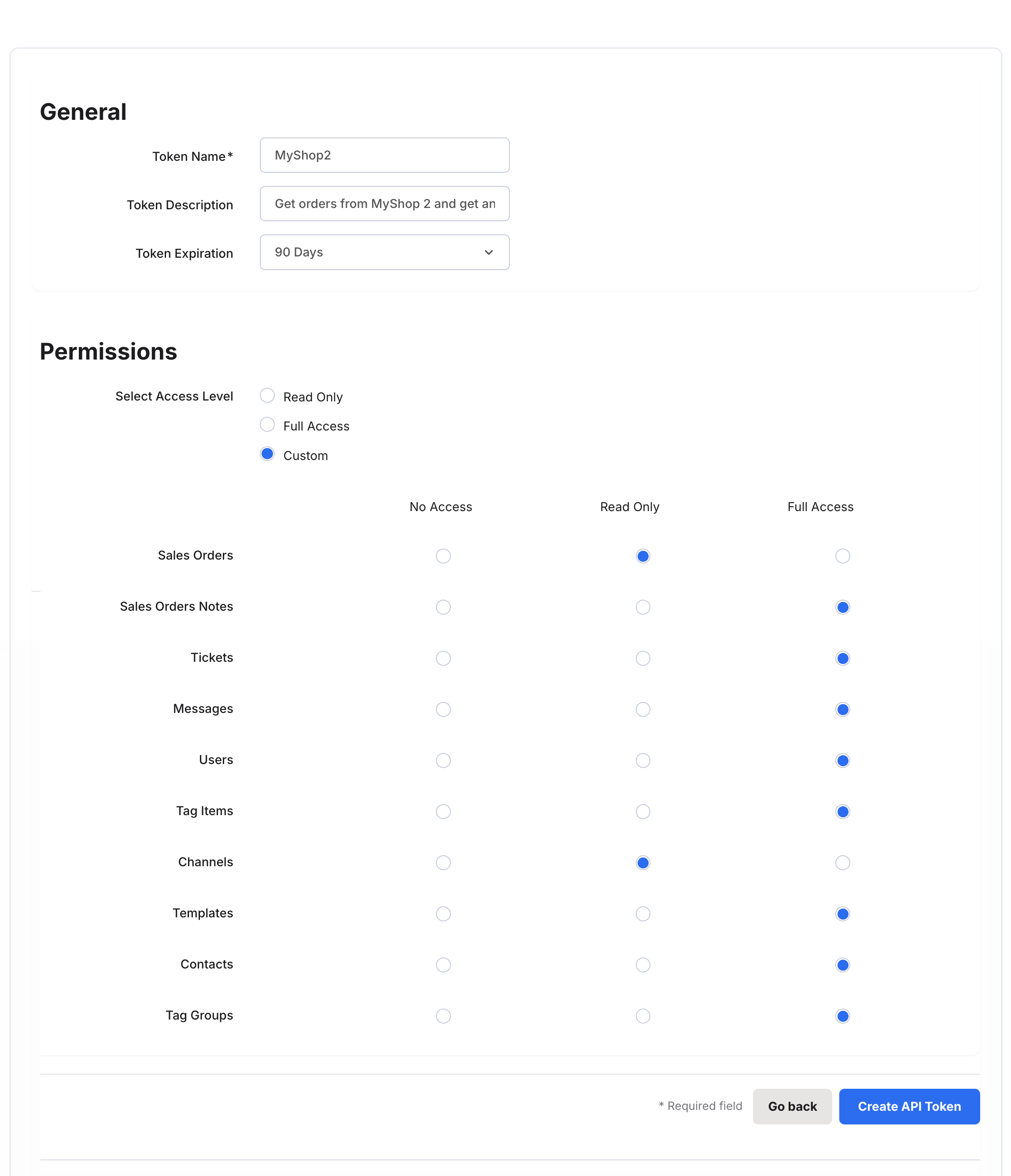 The Create API Token page, showing the list of permissions.