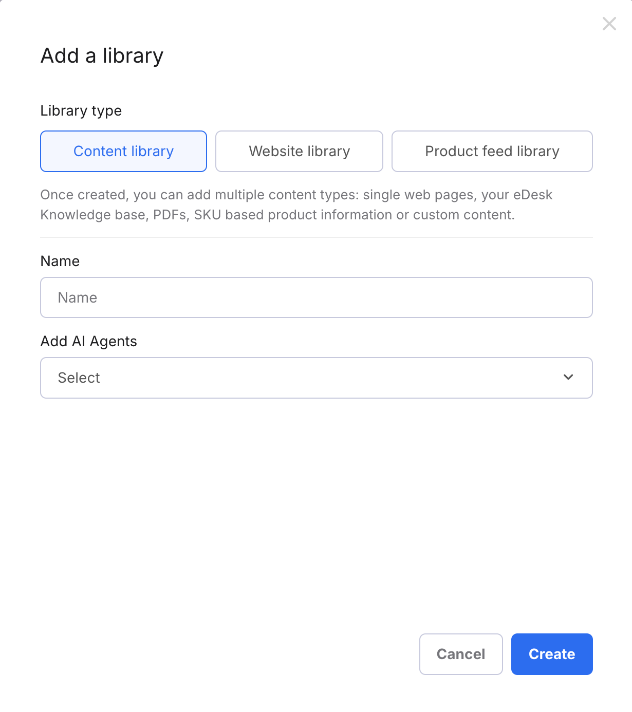 Add a Library modal window, showing Content library fields
