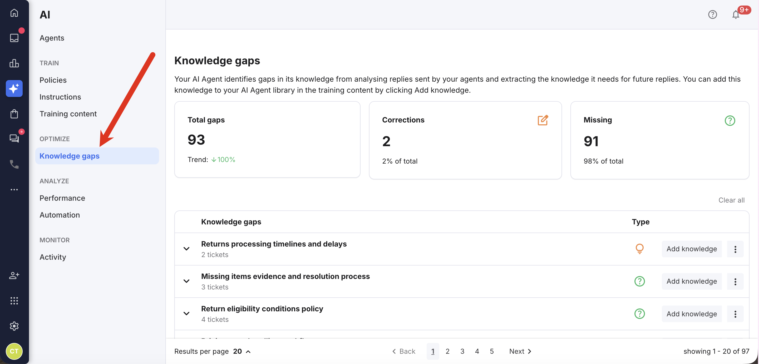 Settings > AI > Knowledge Gaps menu item