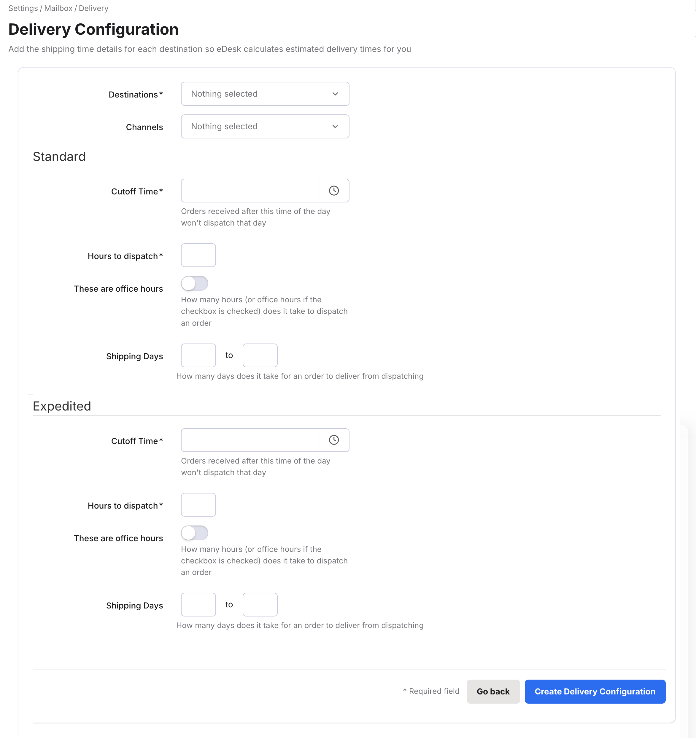 Delivery Configuration page
