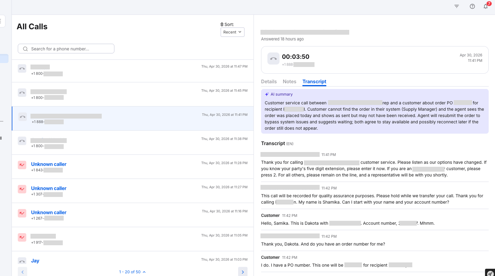 Transcript, recording, and other details