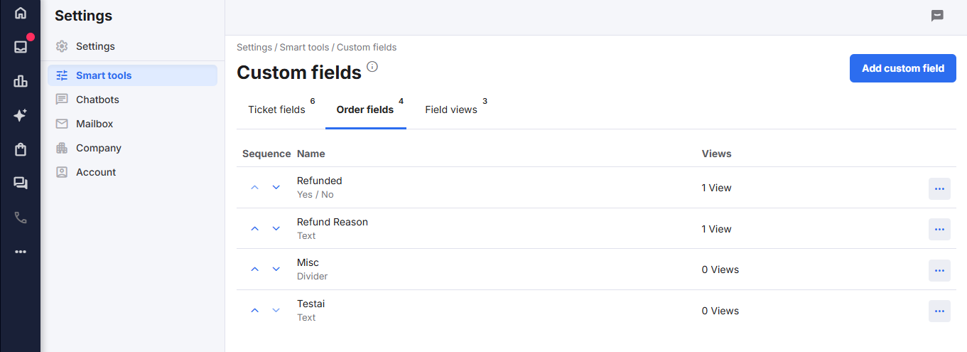Orders tab in Custom Fields showing the list of existing Order Fields