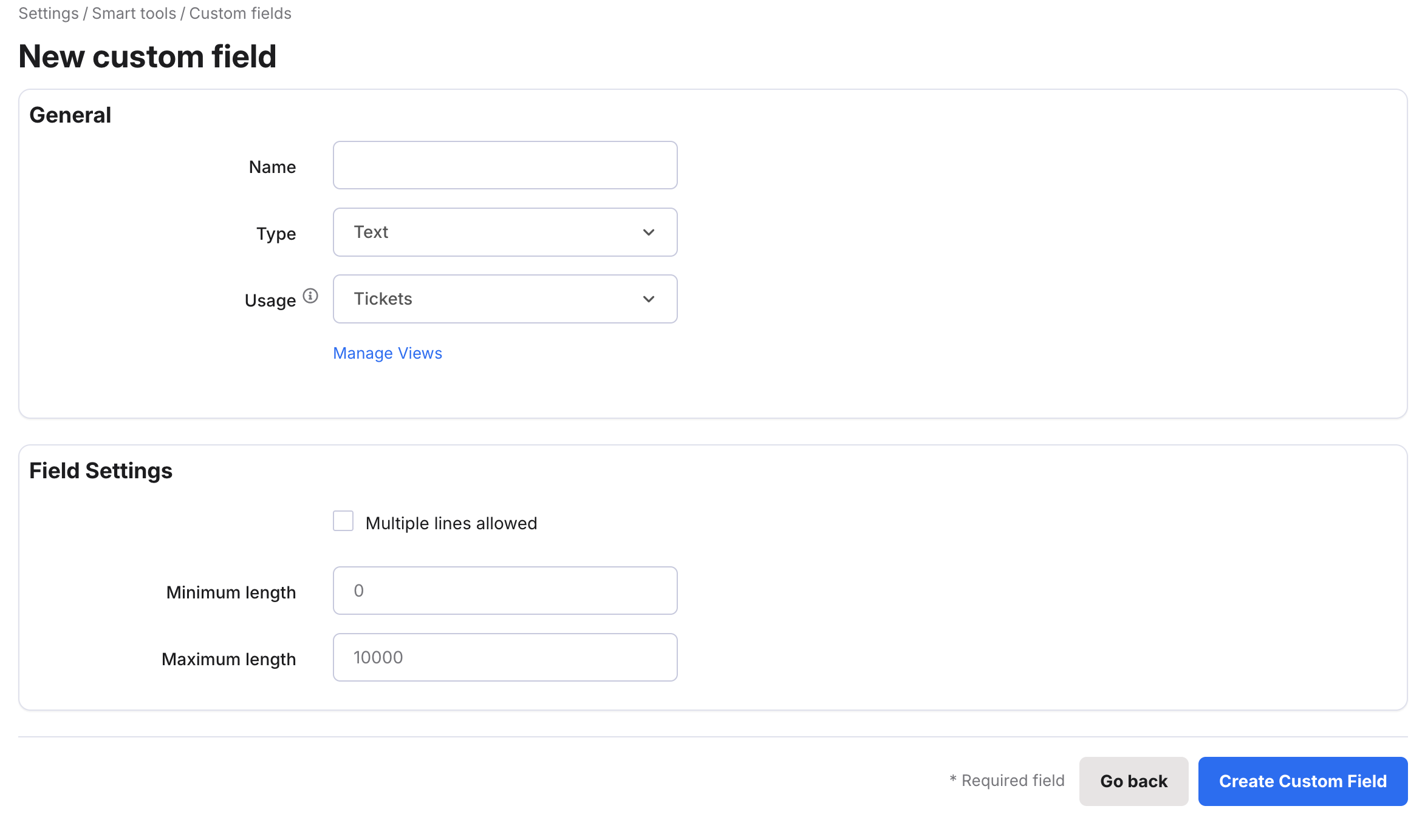 New Custom Field page