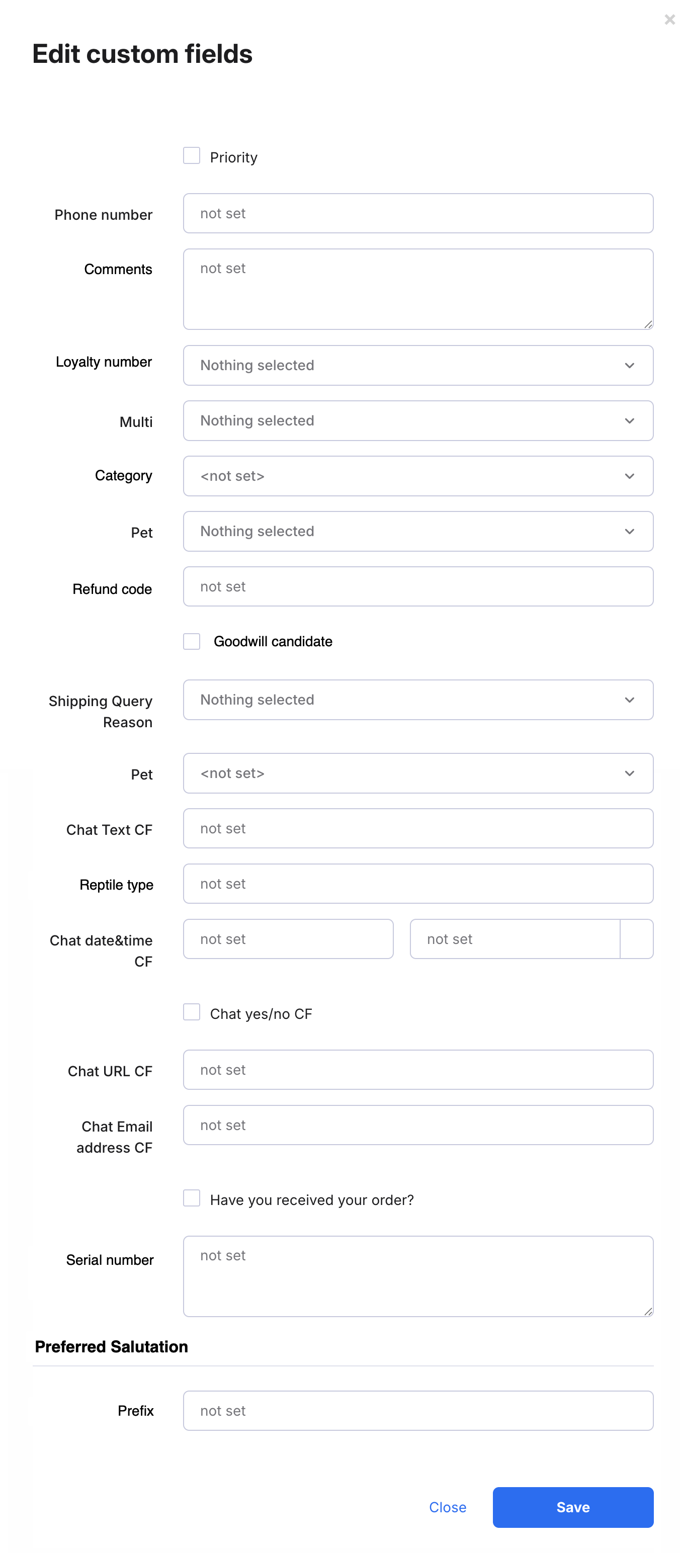 Edit Custom Fields modal window