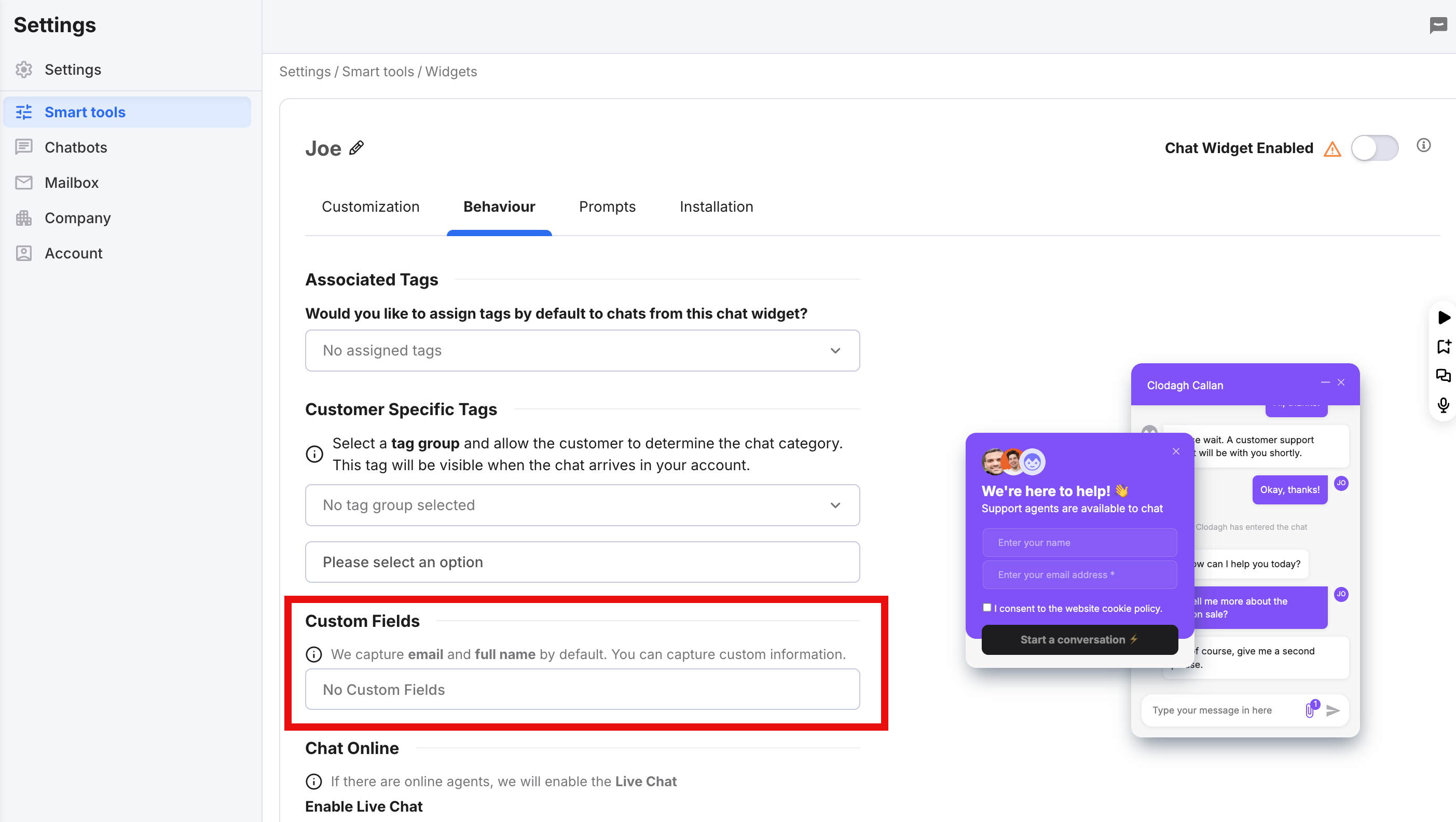 Enabling custom fields in a chat widget