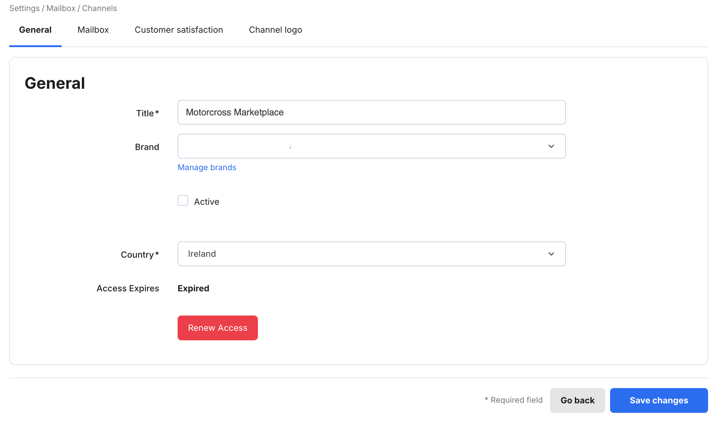 General tab for the channel Motorcross Marketplace
