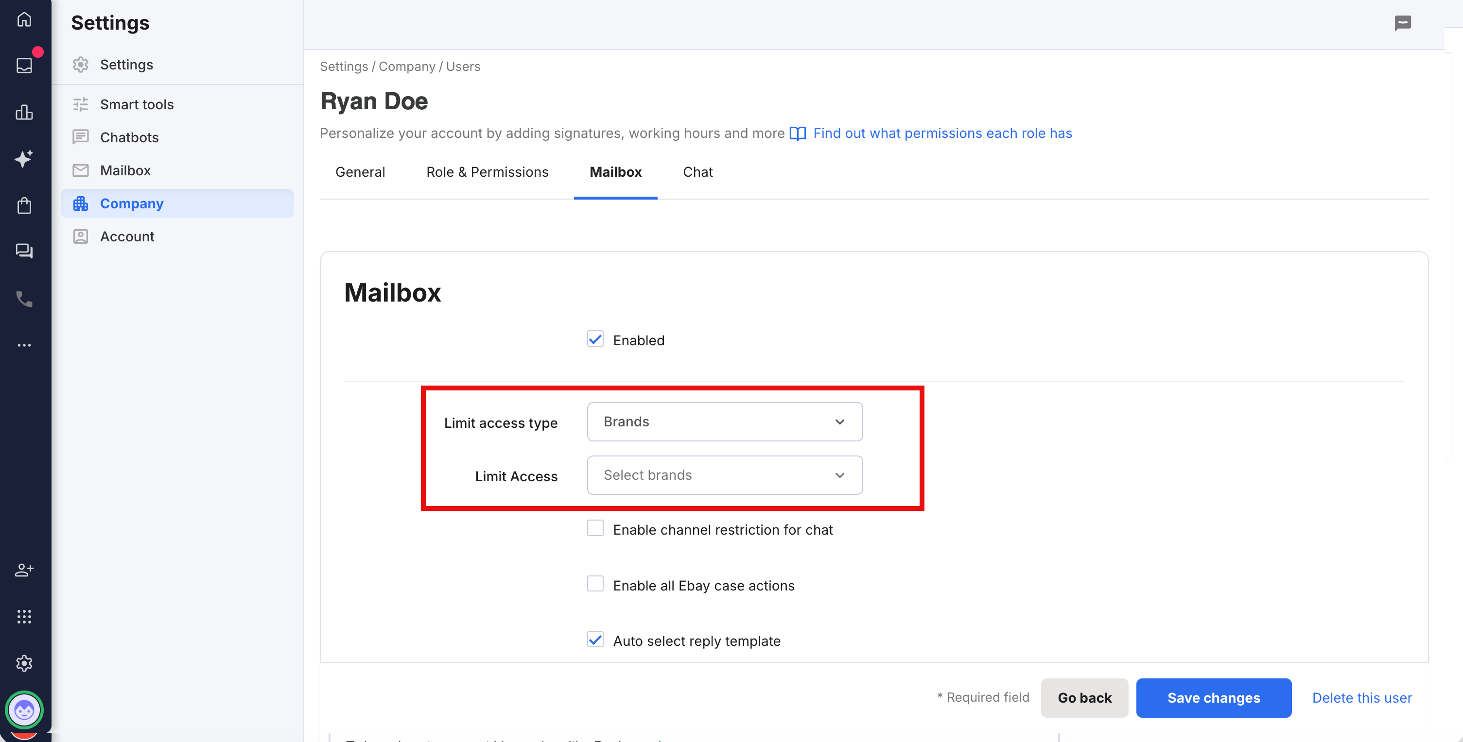 The Brands fields in the User settings