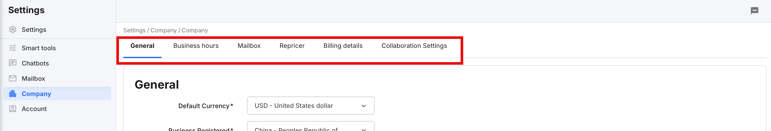 Tabs in the Company menu