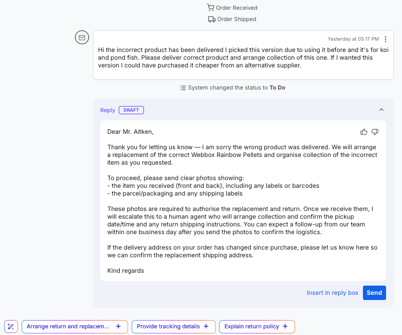 Close up of draft reply for AI Assist and the prompts below the Reply Box