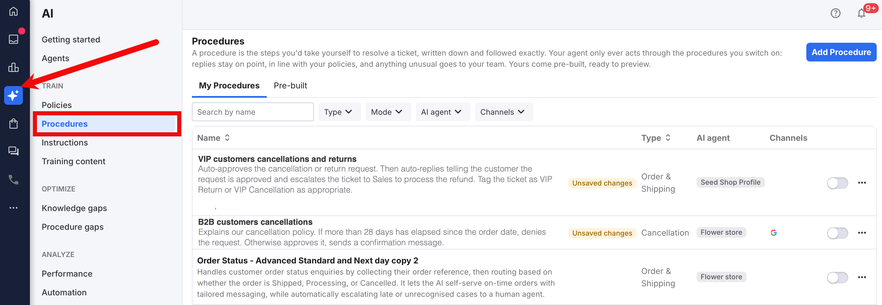 Procedures listing