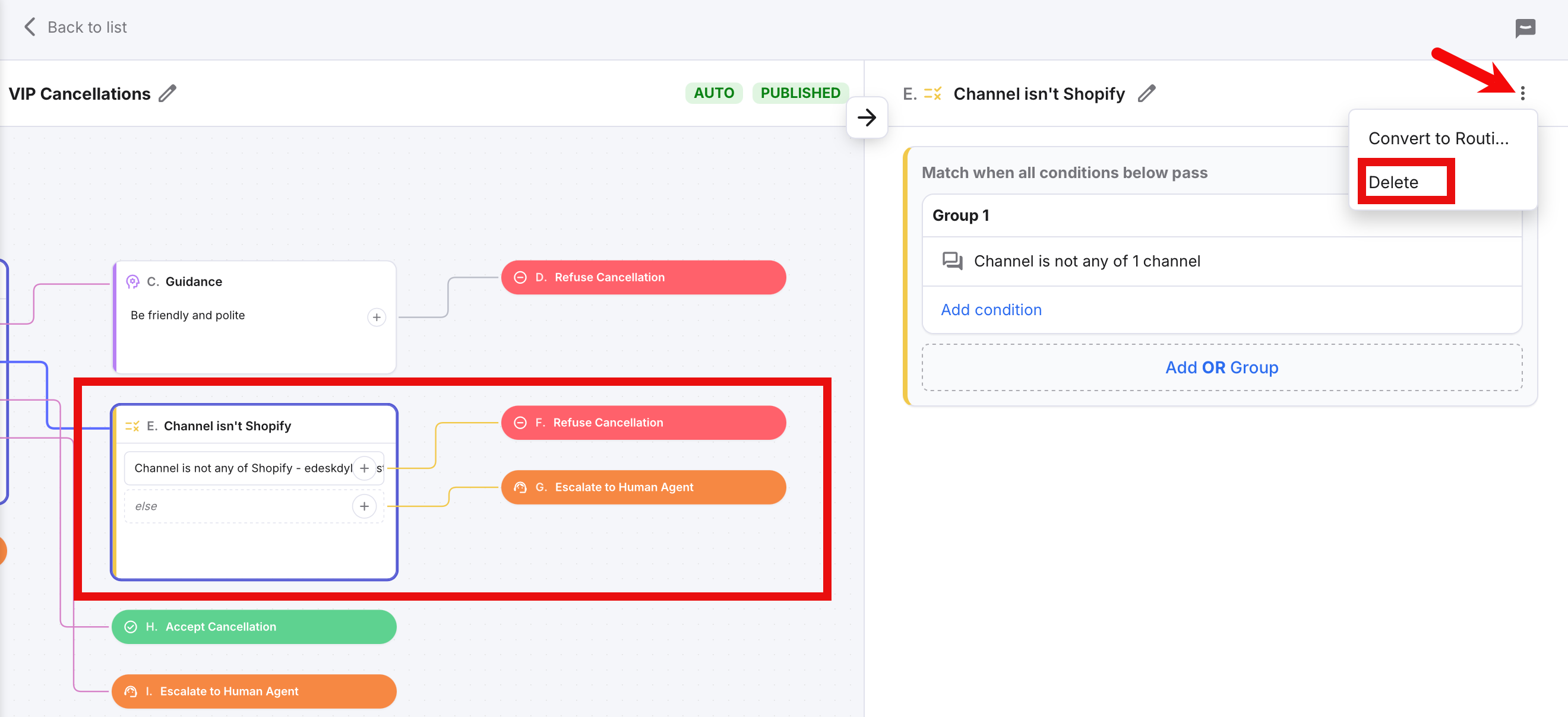 Delete step option in More Actions menu