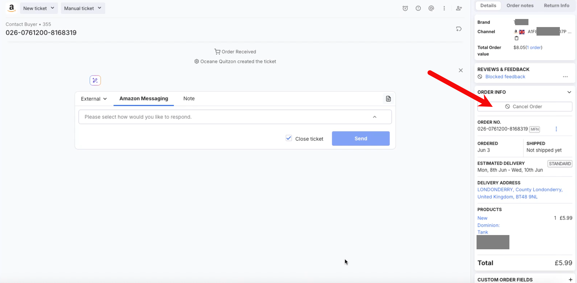 Cancel Order button