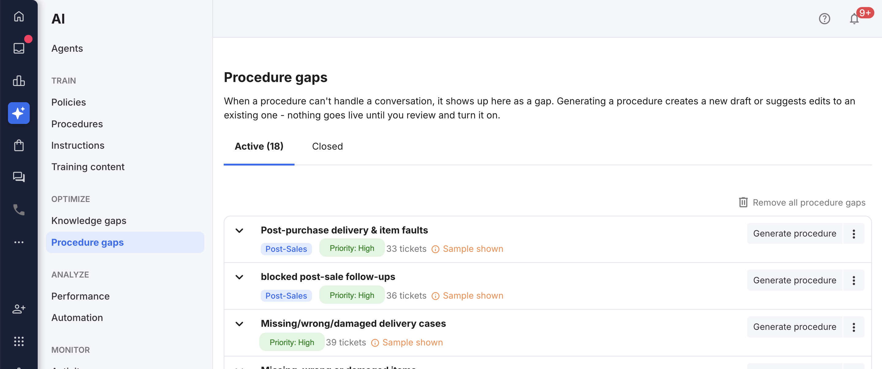 Procedure Gaps listing