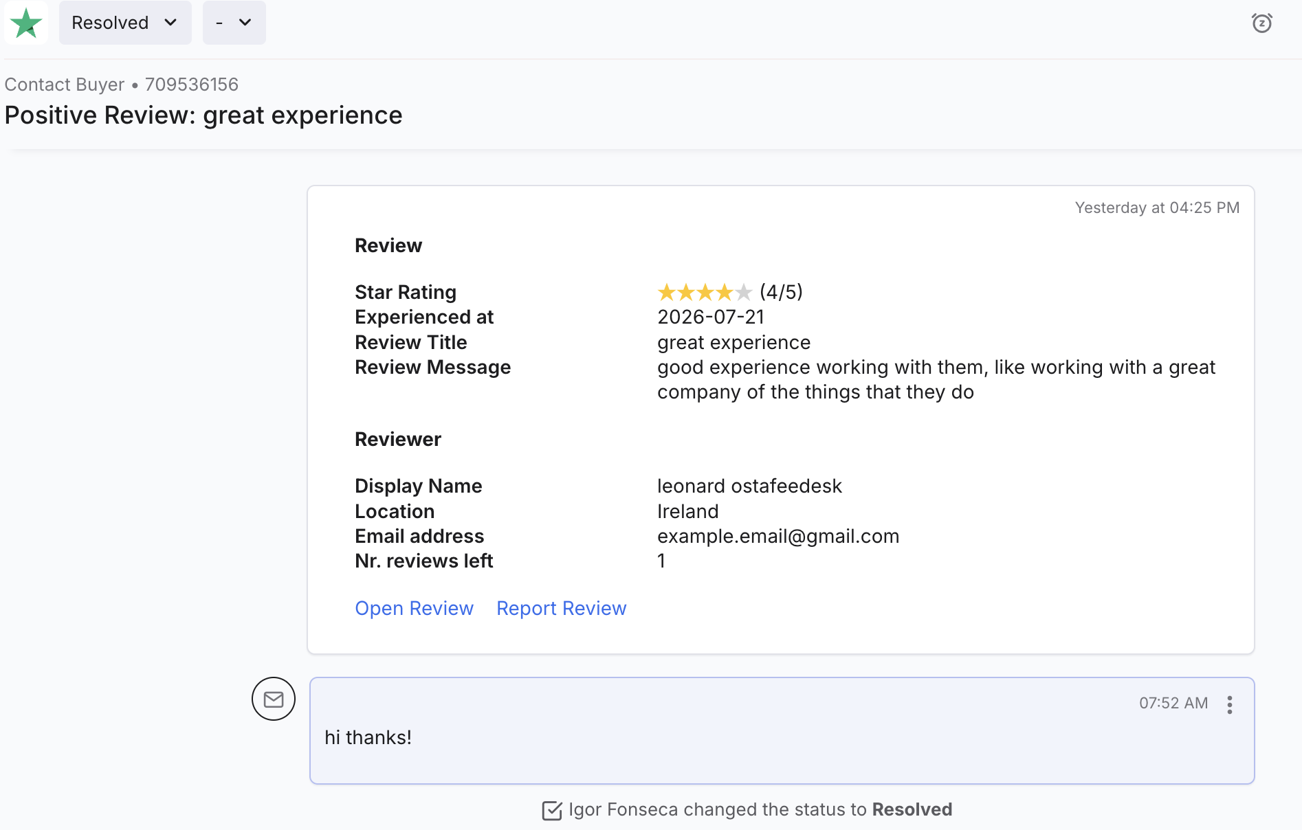 Trustpilot ticket in eDesk