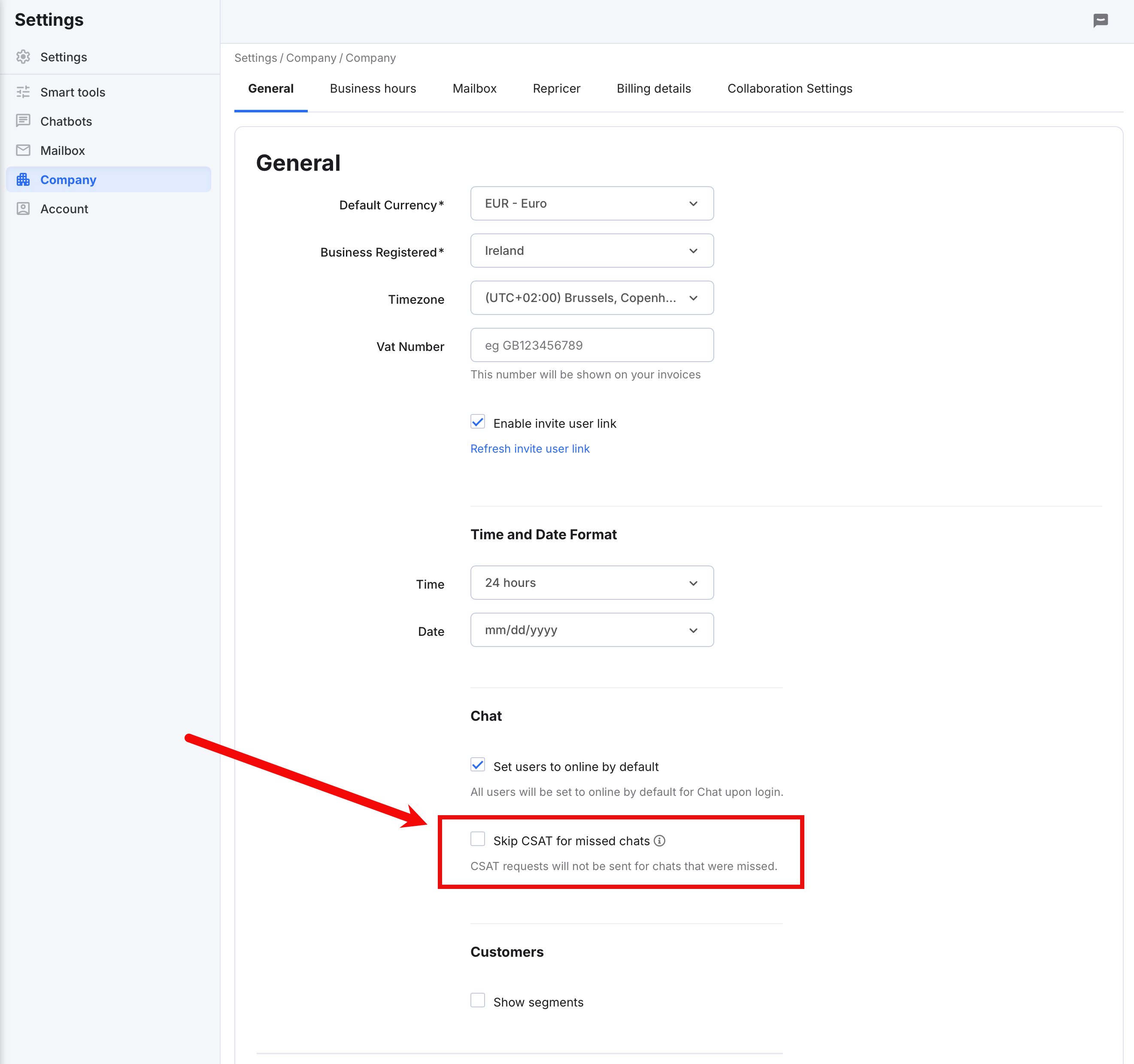 Skip CSAT for missed chats checkbox