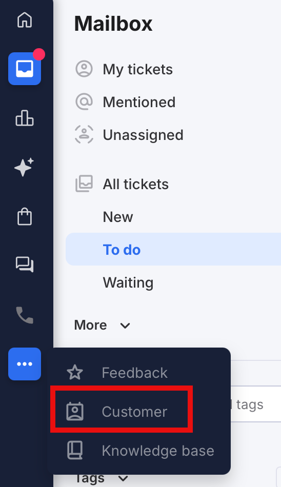 More Actions > Customer menu item