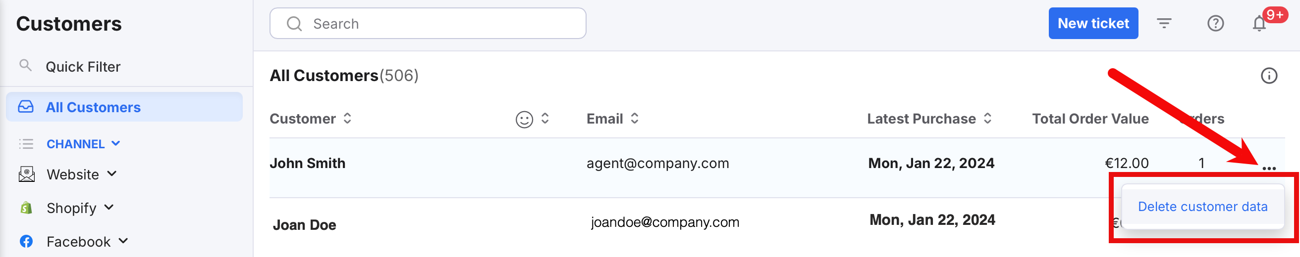 Delete customer data menu option
