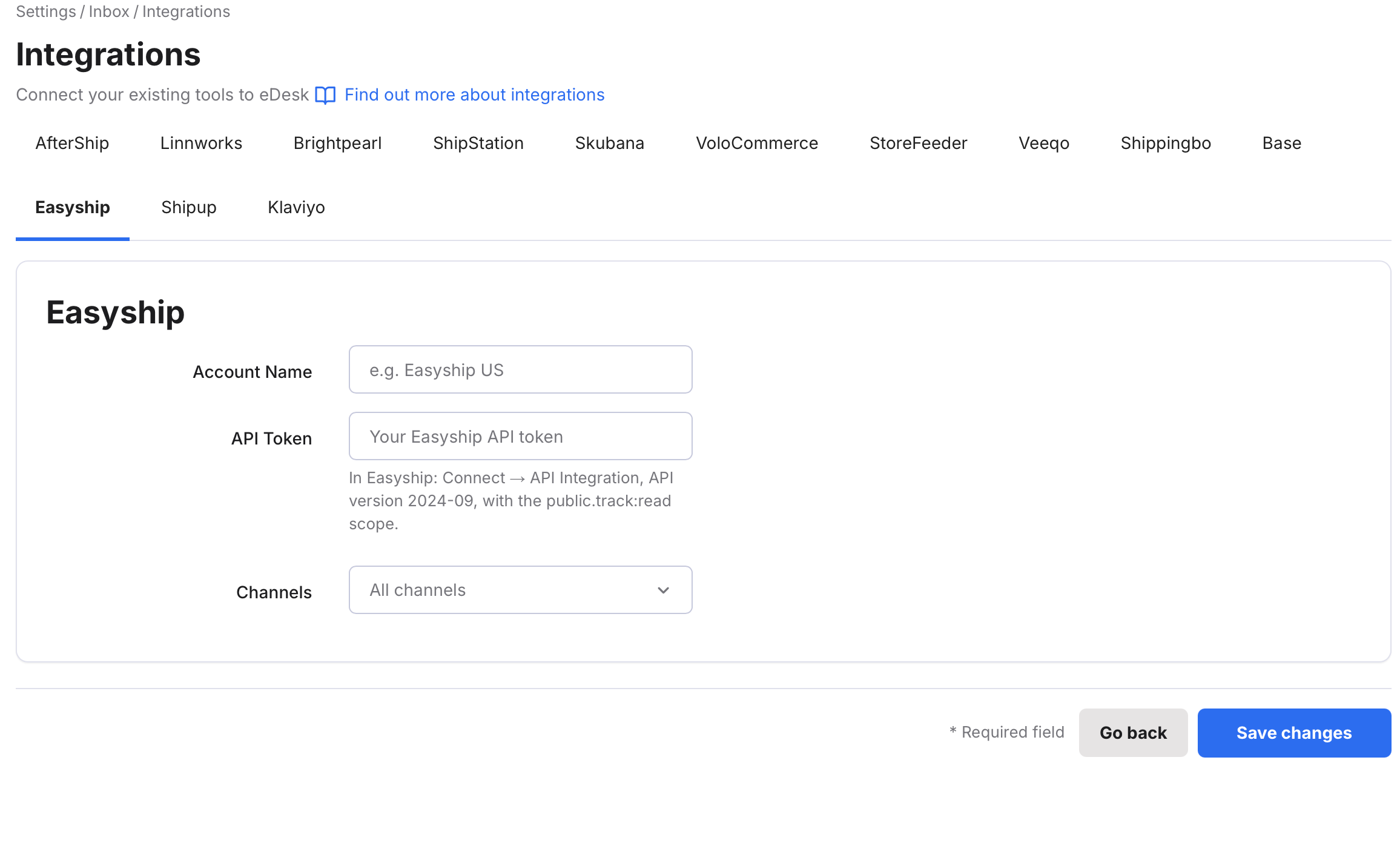 Easyship integration page