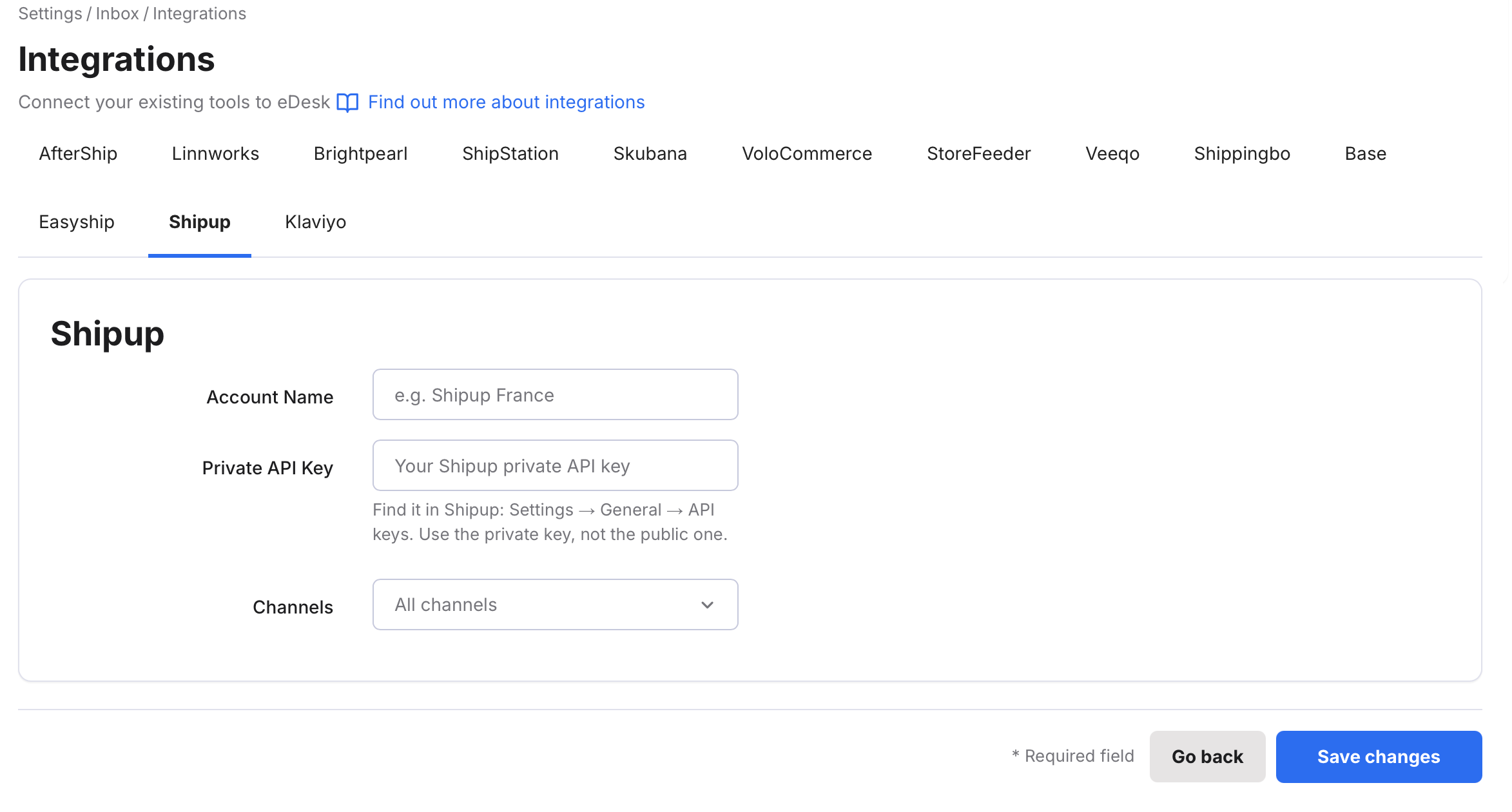 Shipup Integrations page